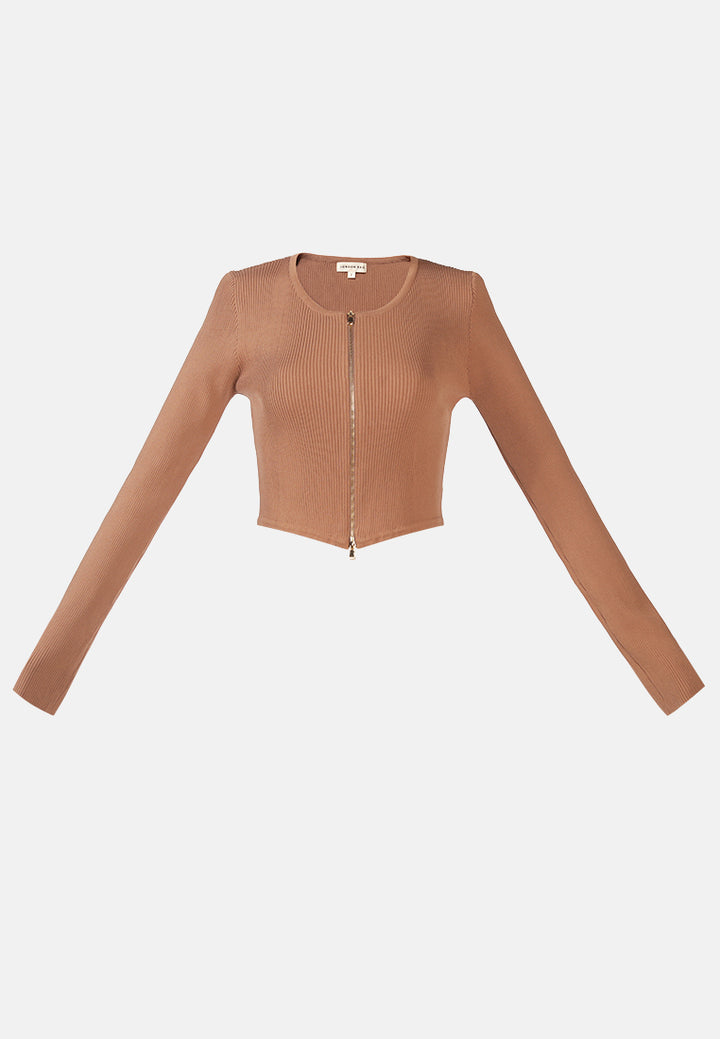 full sleeve knitted crop cardigan#color_brown