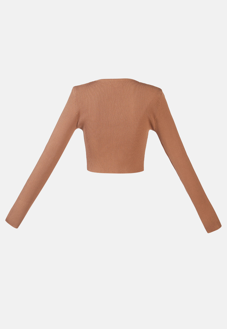 full sleeve knitted crop cardigan#color_brown