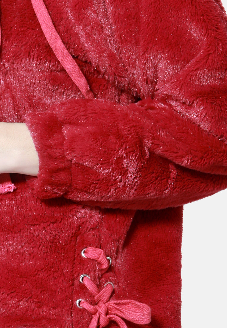 fur hoodie with kangaroo pockets#color_burgundy