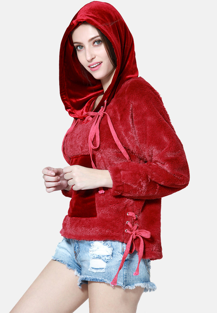 fur hoodie with kangaroo pockets#color_burgundy