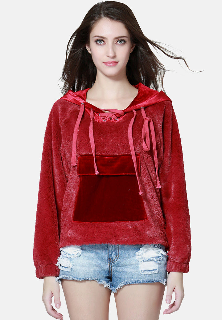 fur hoodie with kangaroo pockets#color_burgundy