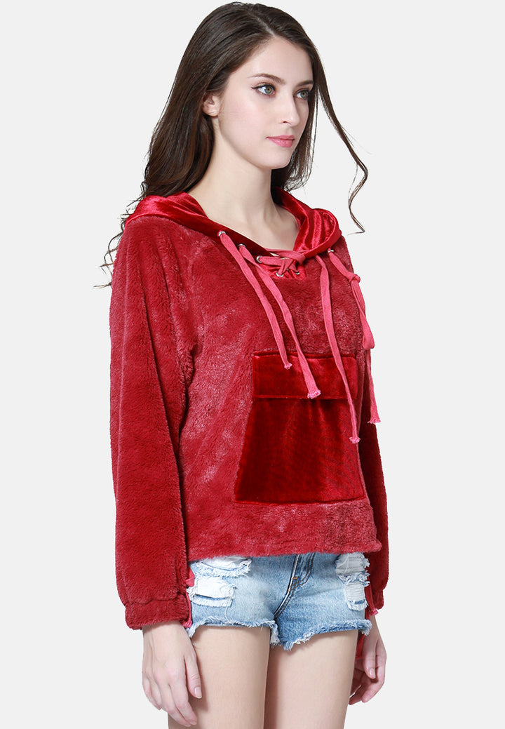 fur hoodie with kangaroo pockets#color_burgundy