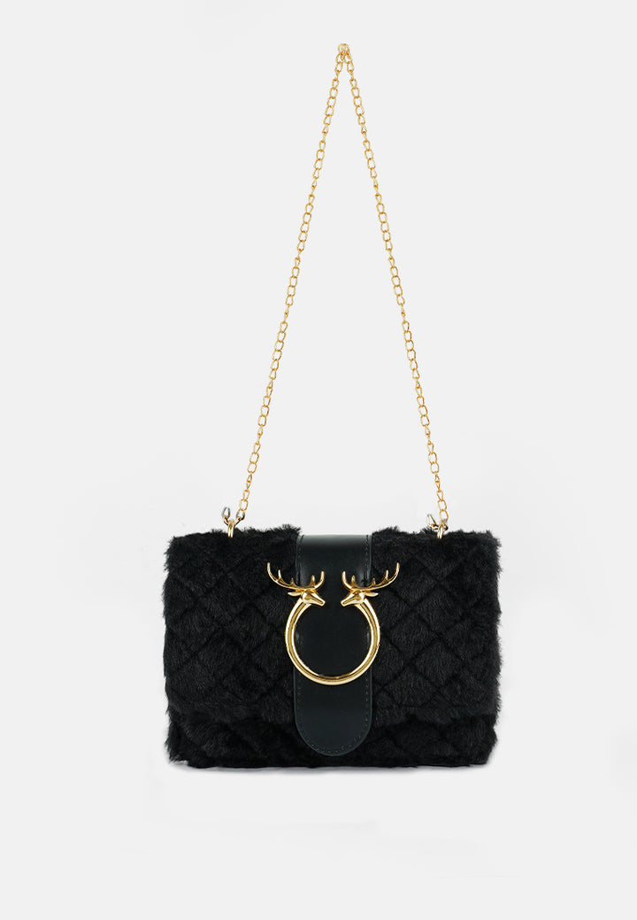 furry mini sling bag#color_black