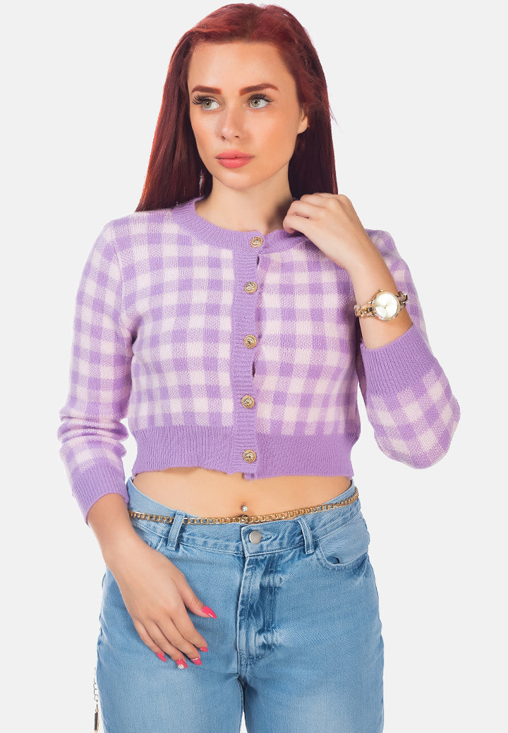 gingham checks full sleeve cropped cardigan#color_purple