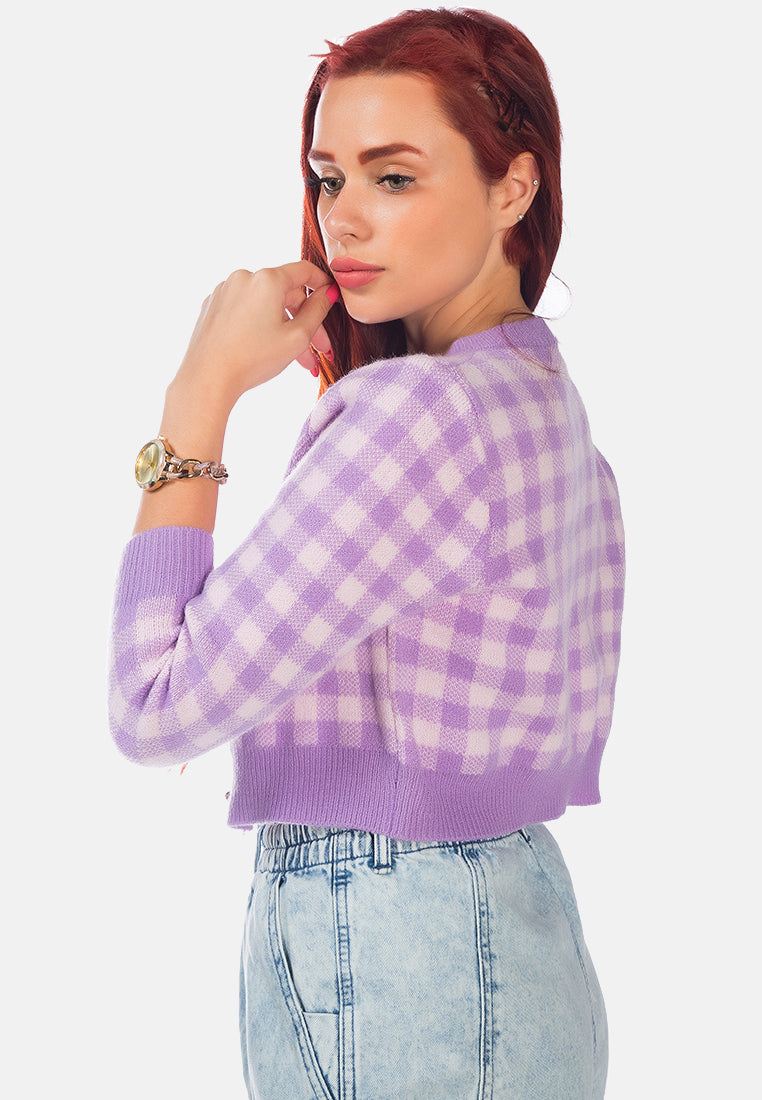 gingham checks full sleeve cropped cardigan#color_purple