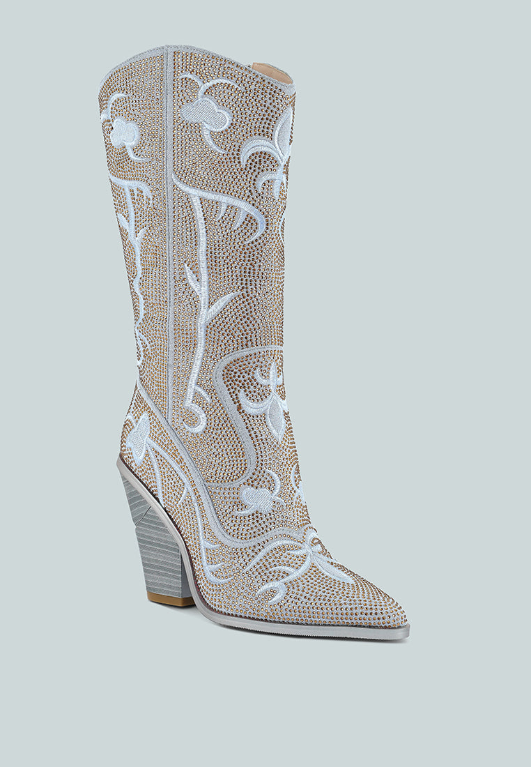 glimmer rhinestones embellished shimmer calf boots#color_silver
