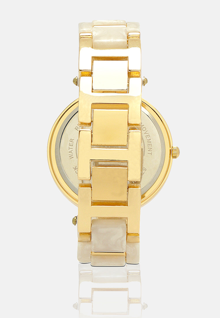 gold white marble finish round dial women's watch#color_golden-white