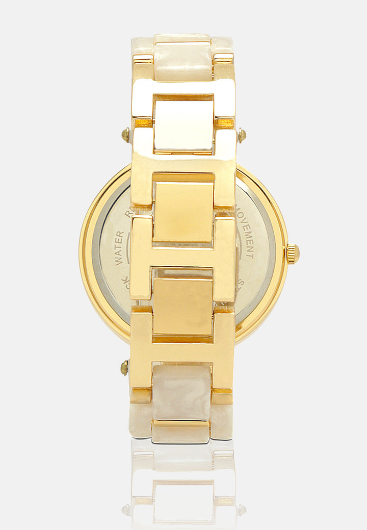 gold white marble finish round dial women's watch#color_golden-white