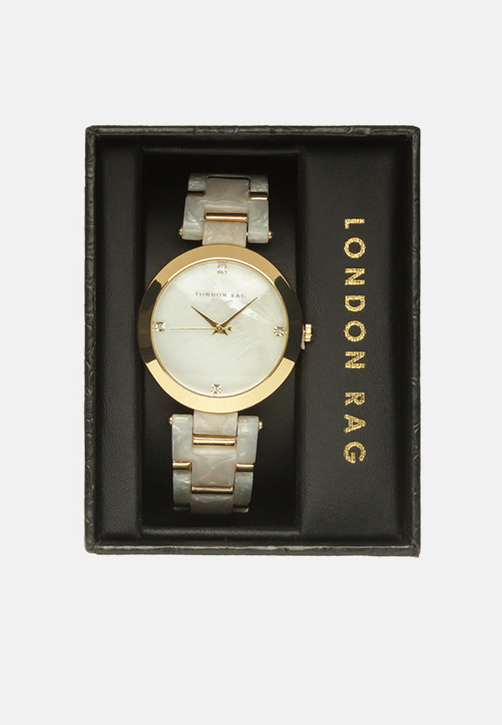gold white marble finish round dial women's watch#color_golden-white