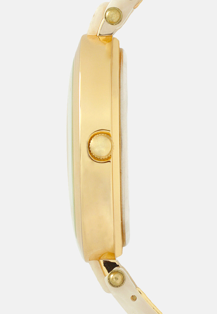 gold white marble finish round dial women's watch#color_golden-white