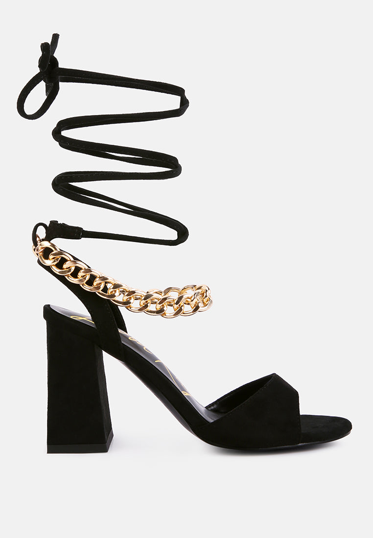 gone gurl chain embellishment tie up block heel sandals#color_black
