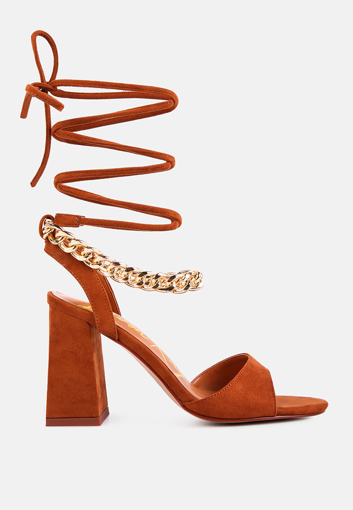 gone gurl chain embellishment tie up block heel sandals#color_mocca