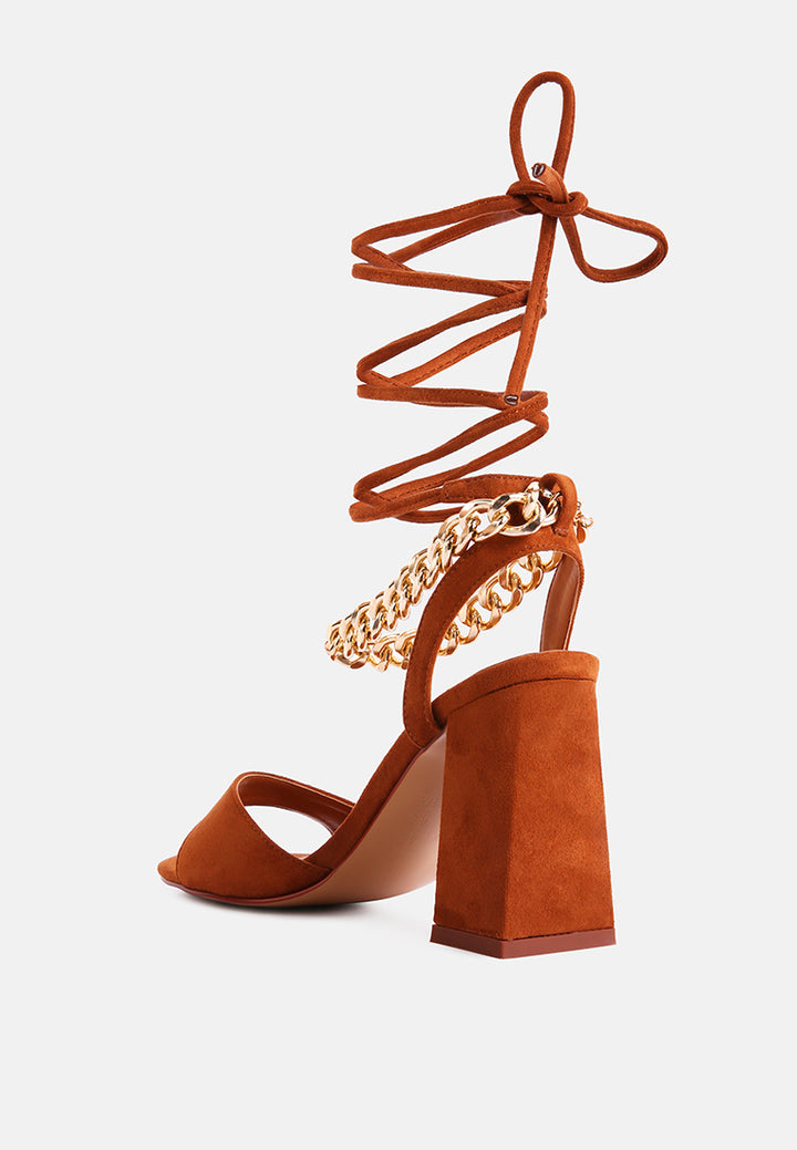 gone gurl chain embellishment tie up block heel sandals#color_mocca