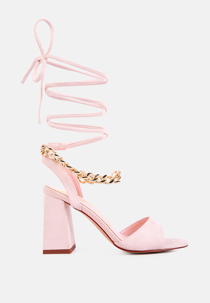 gone gurl chain embellishment tie up block heel sandals#color_peach