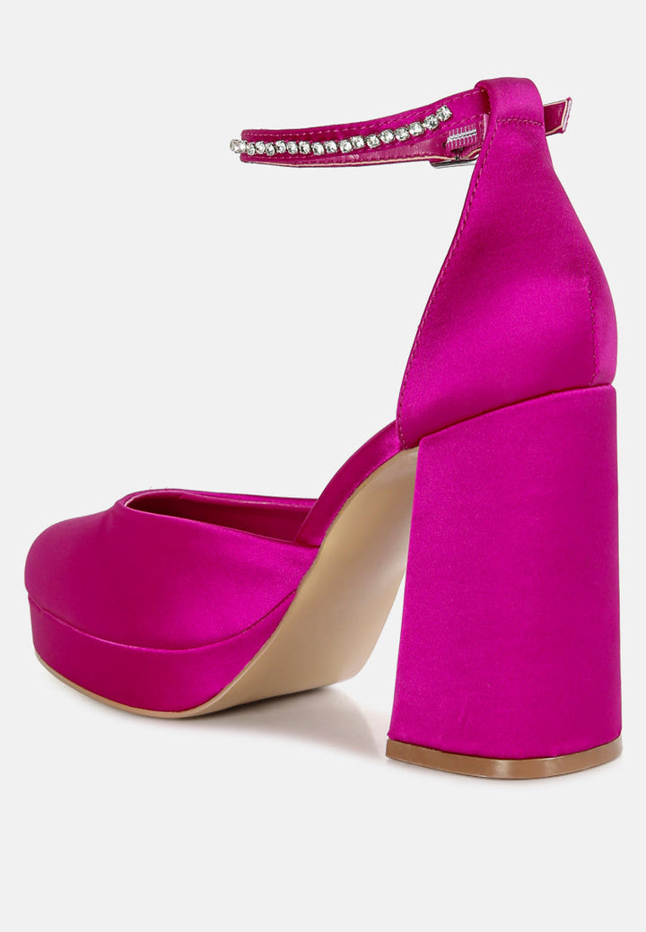 satin rhinestone embellsihed strap platform heels by ruw#color_pink