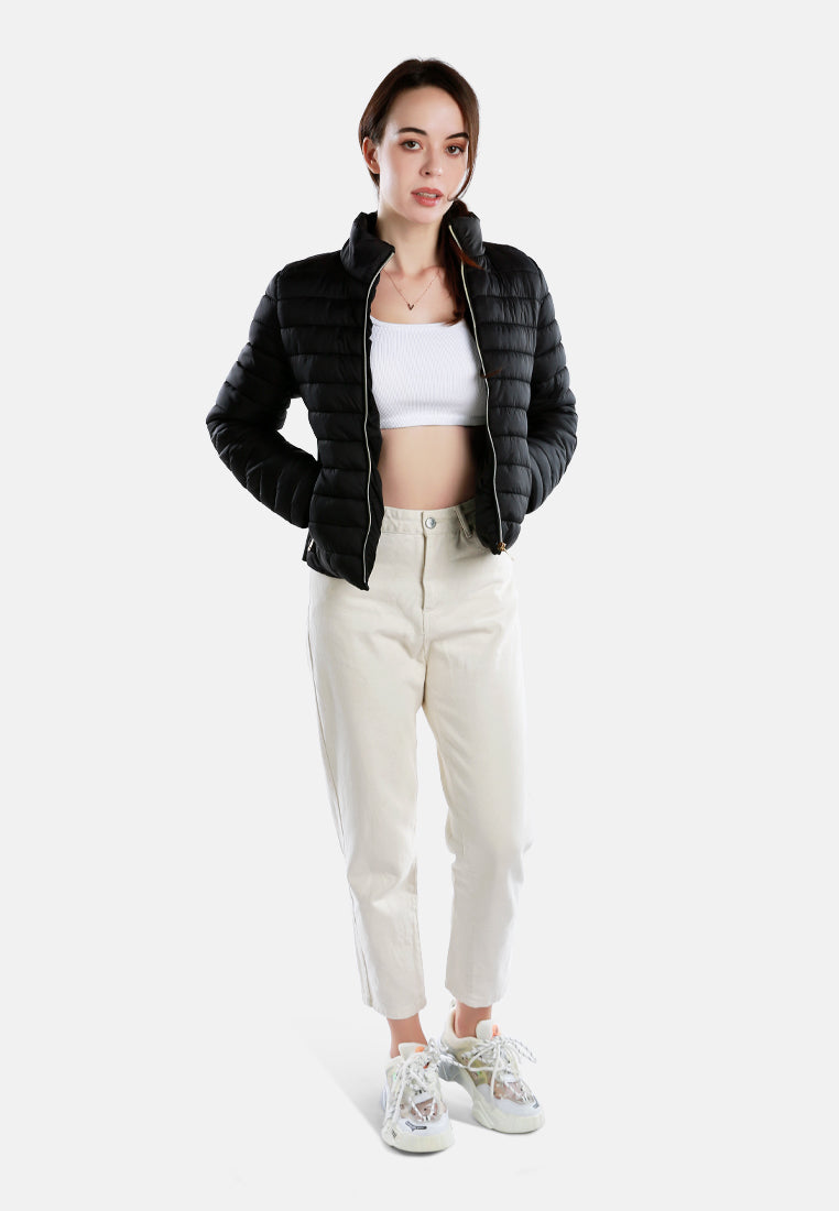 high collar quilted jacket#color_black