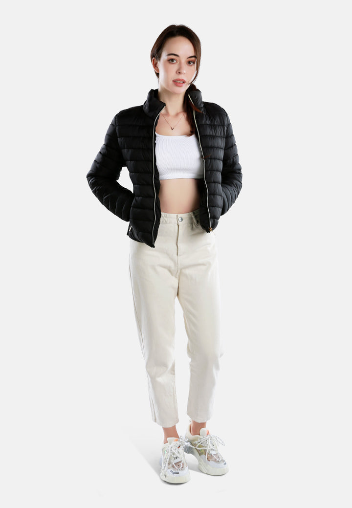 high collar quilted jacket#color_black