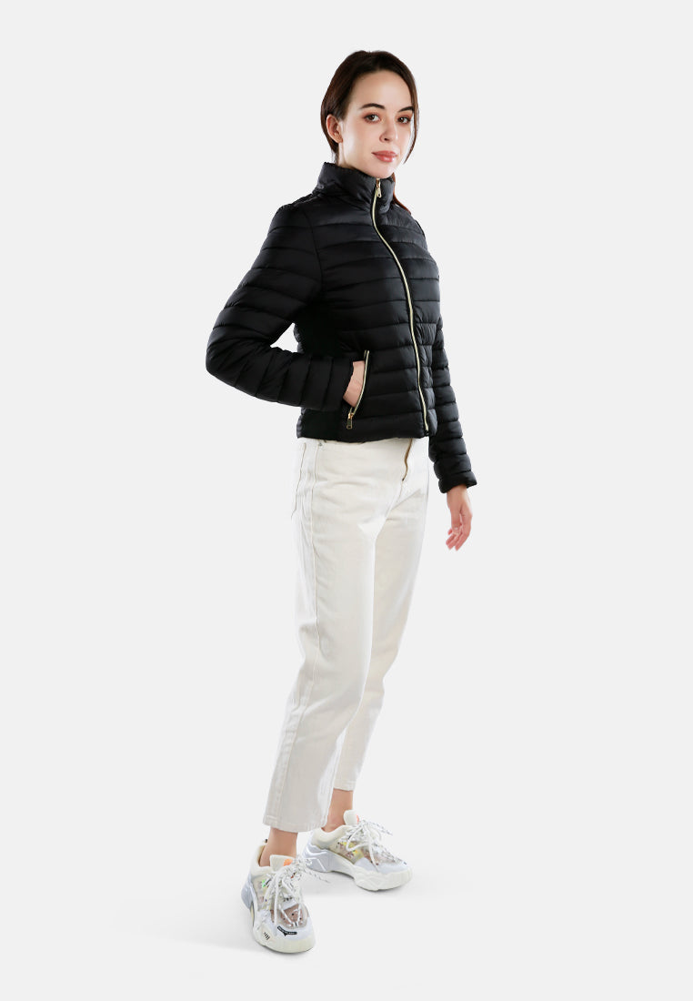 high collar quilted jacket#color_black