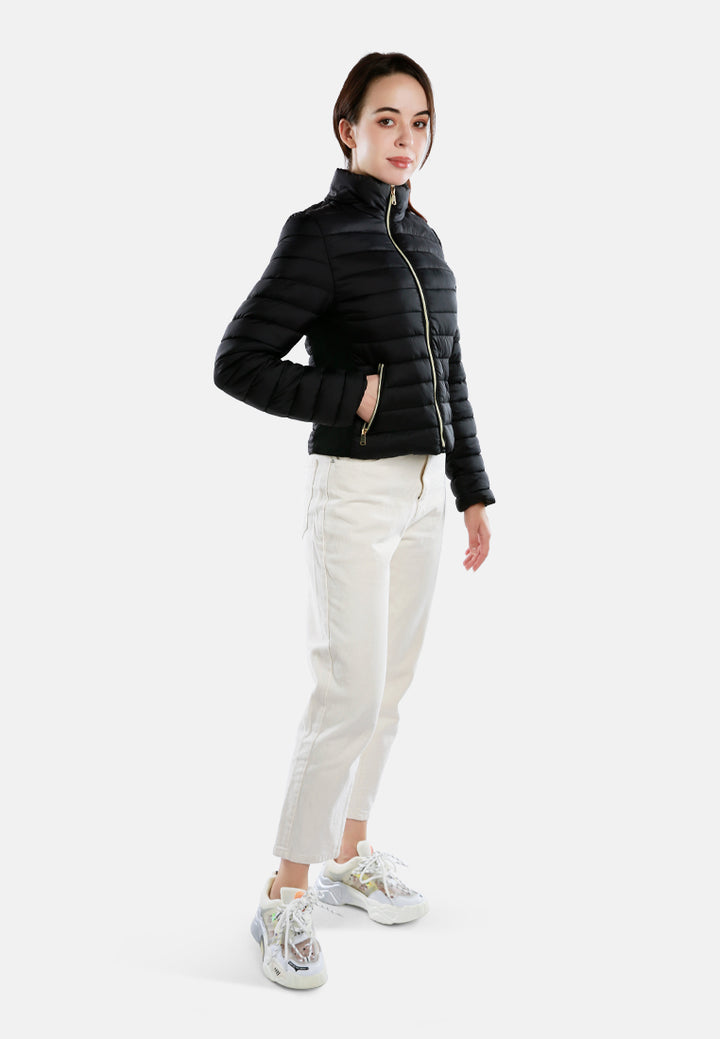 high collar quilted jacket#color_black