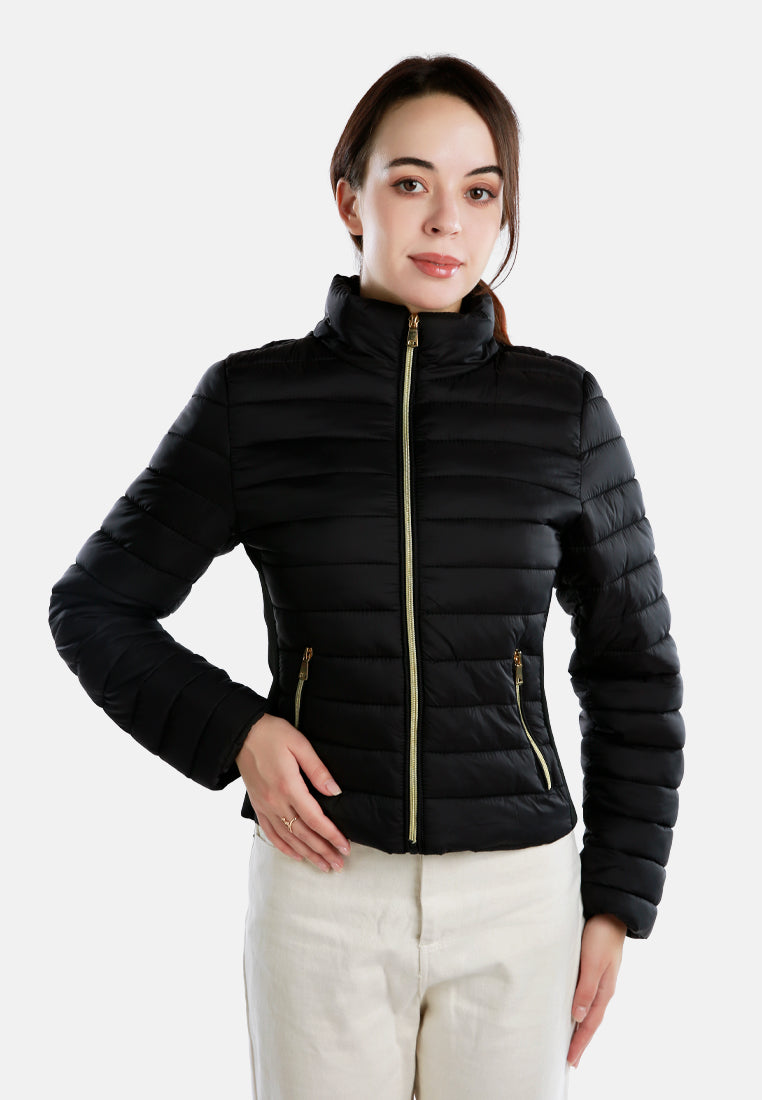 high collar quilted jacket#color_black