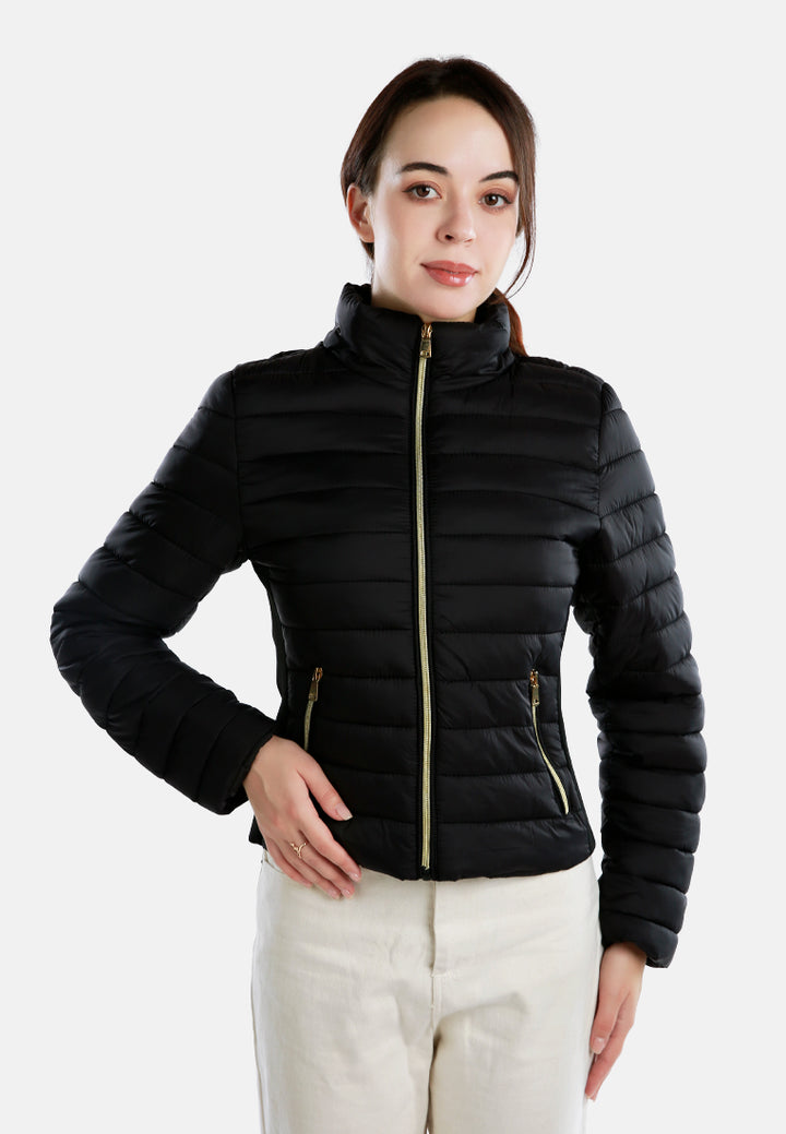 high collar quilted jacket#color_black