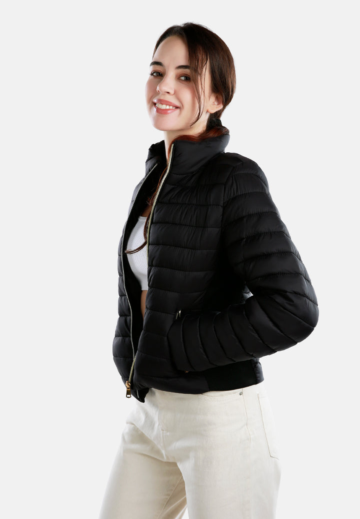 high collar quilted jacket#color_black