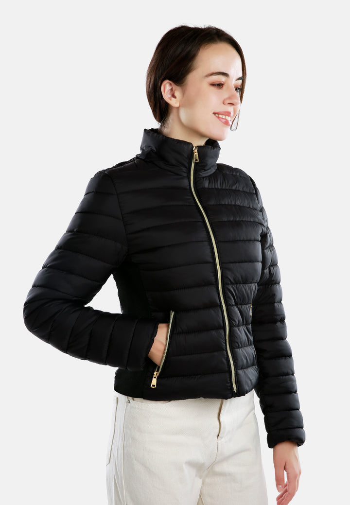 high collar quilted jacket#color_black