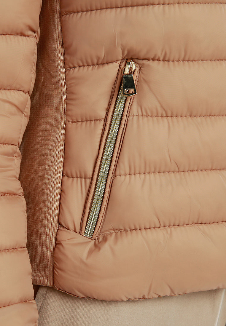 high collar quilted jacket#color_taupe