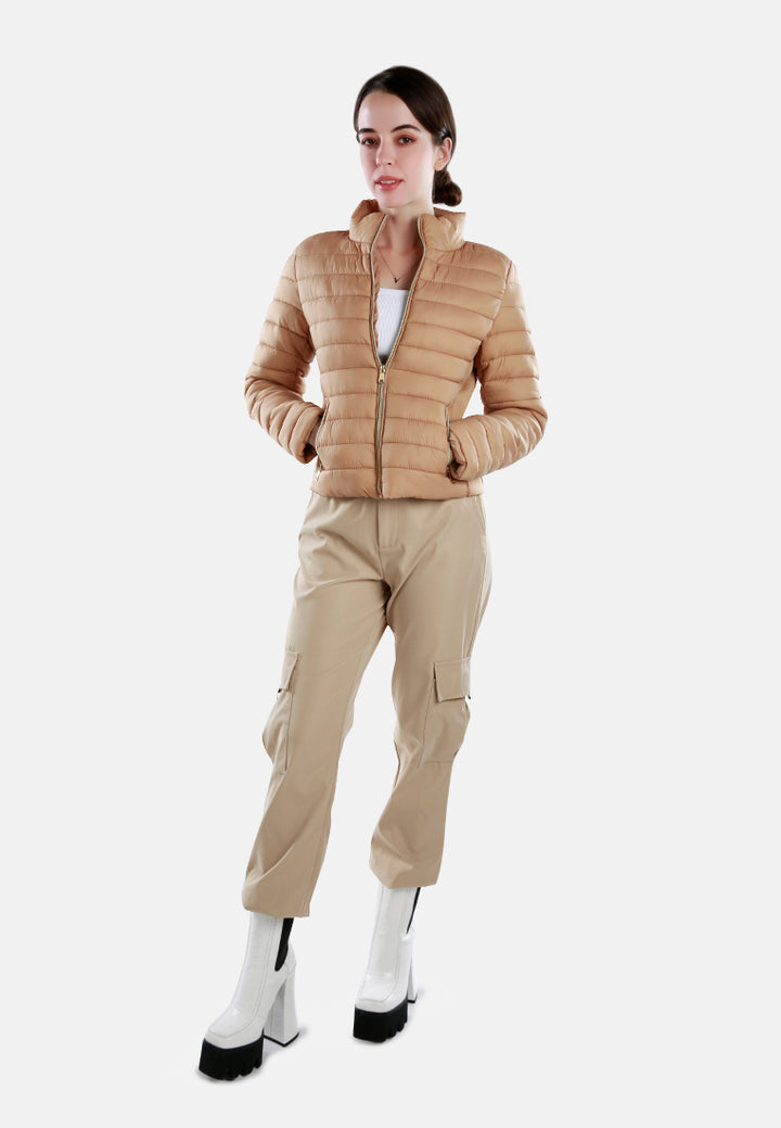 high collar quilted jacket#color_taupe