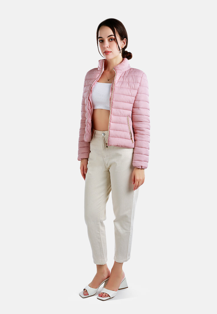 high collar quilted jacket#color_pink