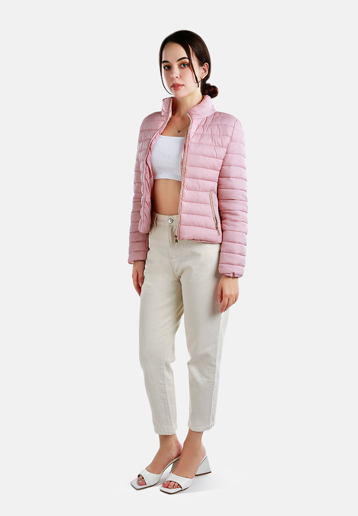 high collar quilted jacket#color_pink
