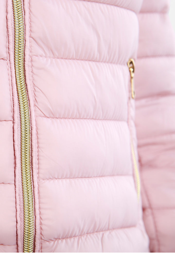 high collar quilted jacket#color_pink