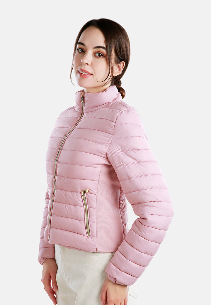 high collar quilted jacket#color_pink