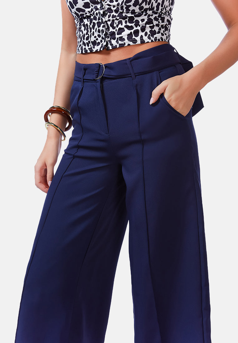 high waist belted wide leg trousers#color_navy-blue