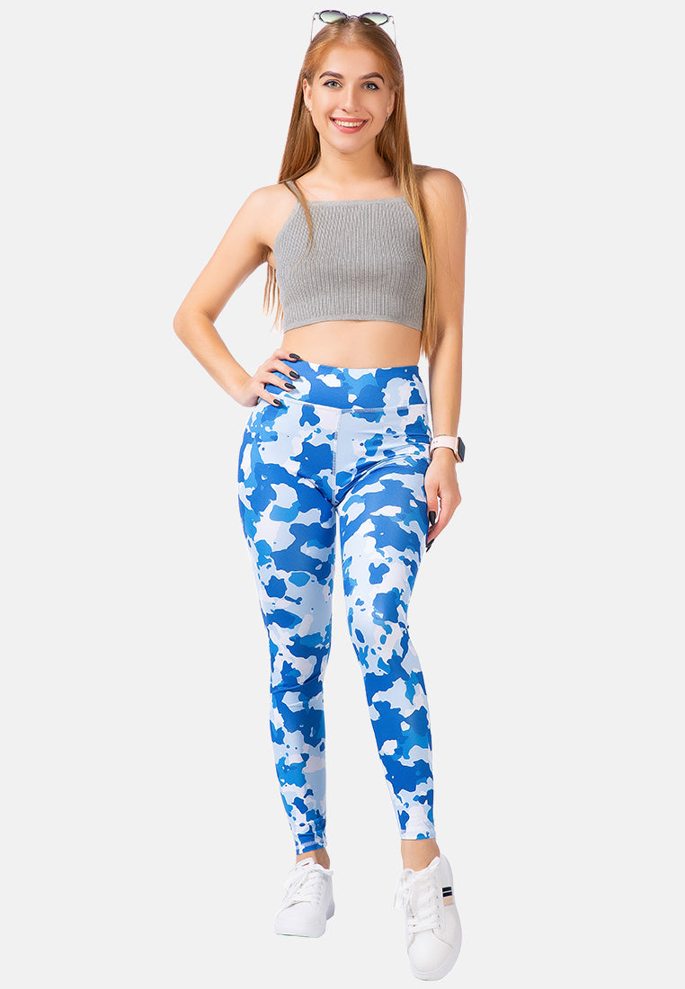 high waist blue printed gym leggings#color_camo