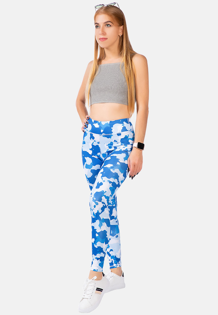 high waist blue printed gym leggings#color_camo
