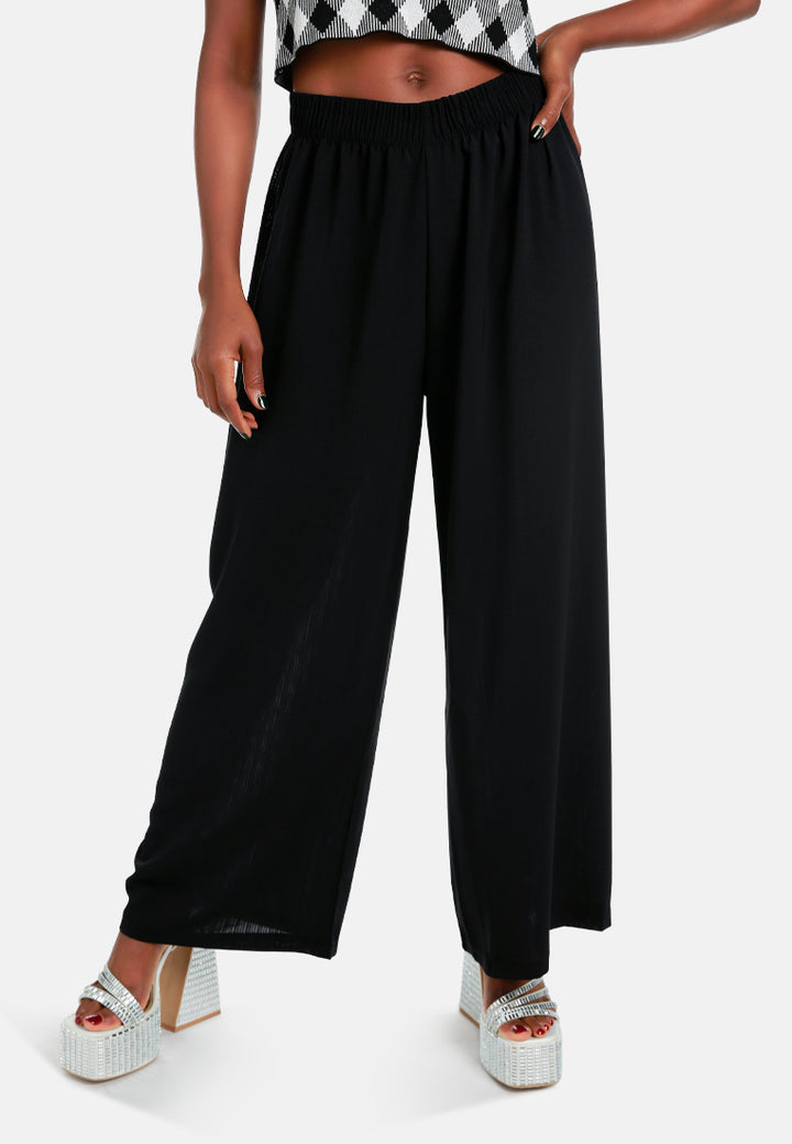 high waisted solid wide trouser pants#color_black