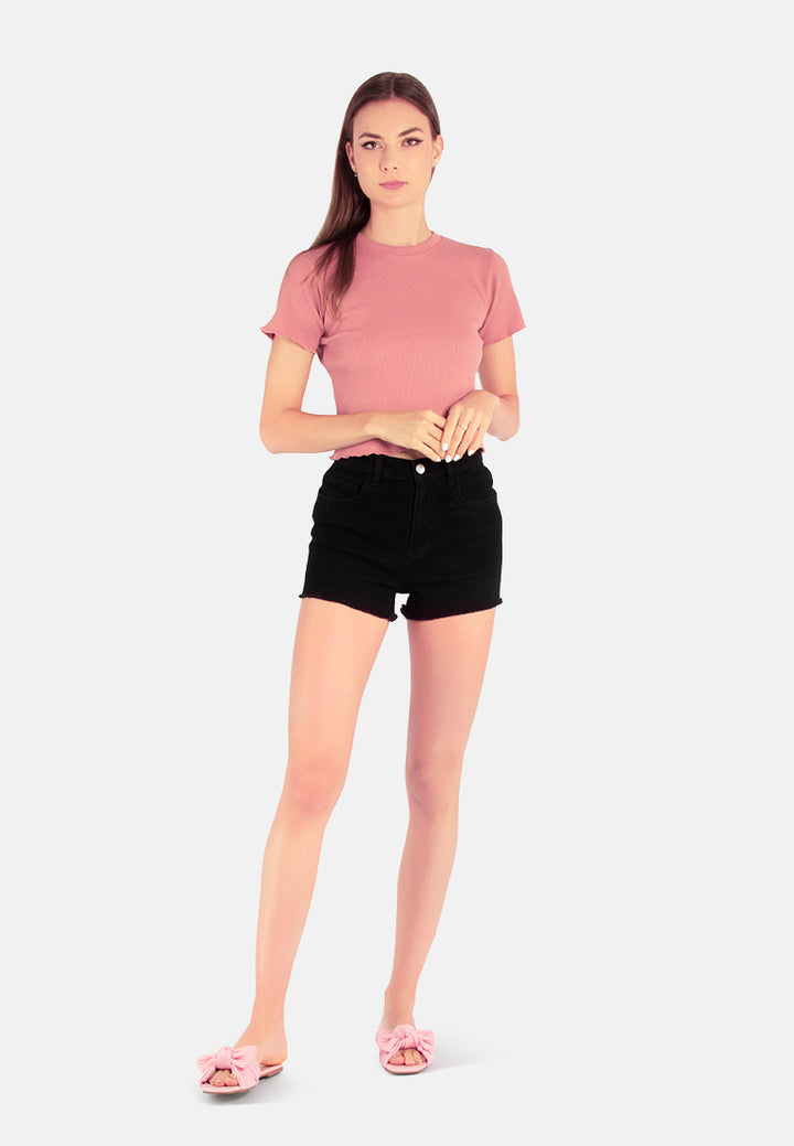 high waist raw hem shorts#color_black