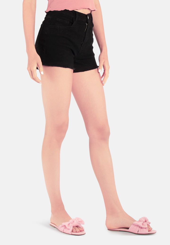 high waist raw hem shorts#color_black