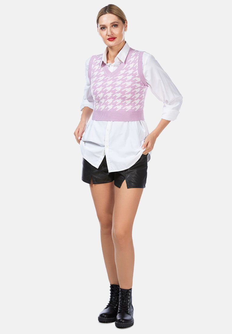 houndstooth knitted vest top#color_lavender-white