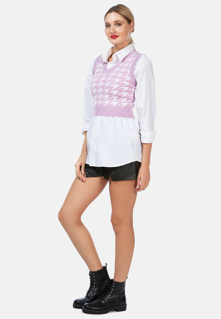 houndstooth knitted vest top#color_lavender-white