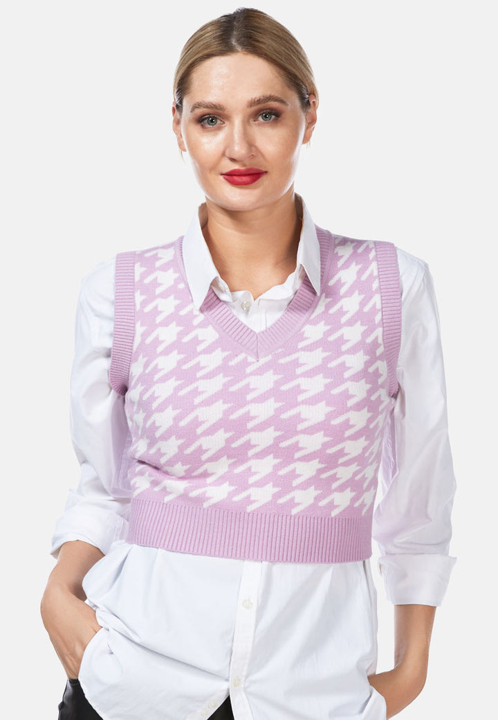 houndstooth knitted vest top#color_lavender-white