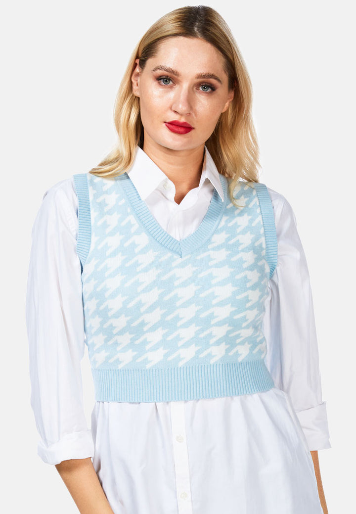 houndstooth knitted vest top#color_blue-white