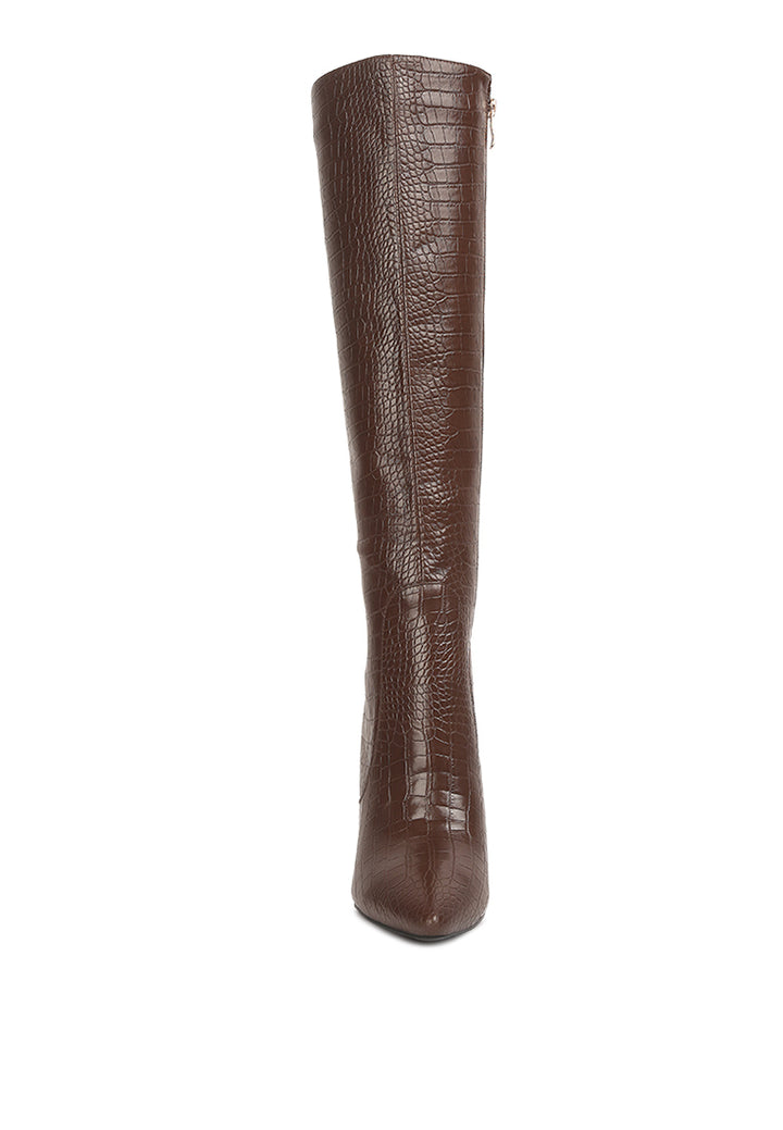 indulgent high heel croc calf boots by ruw#color_dark-brown