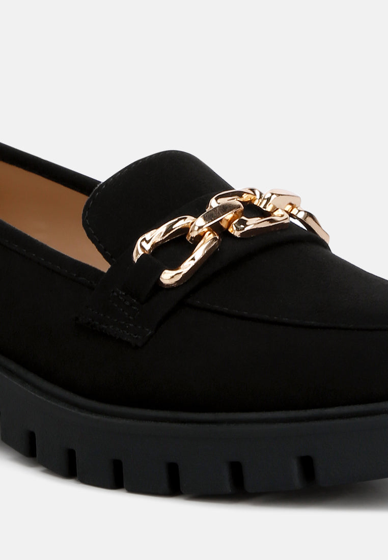 jacop micro suede metal chain link loafers#color_black