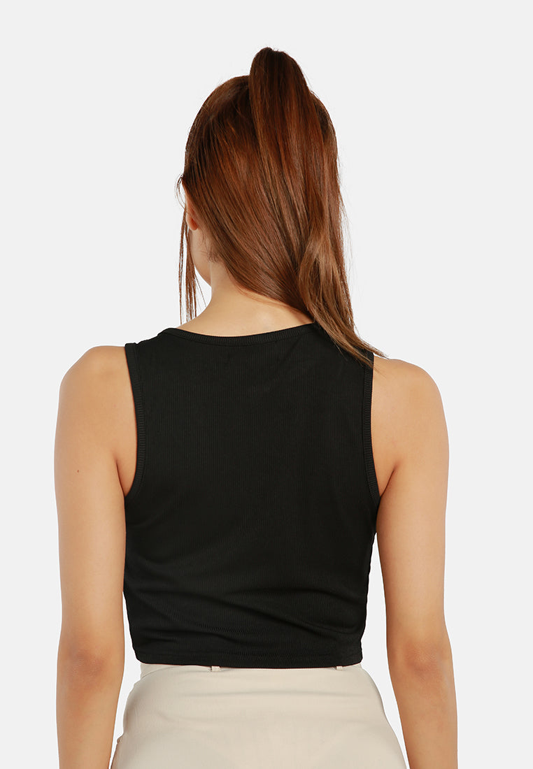 knitted cut out drawstring crop top#color_black