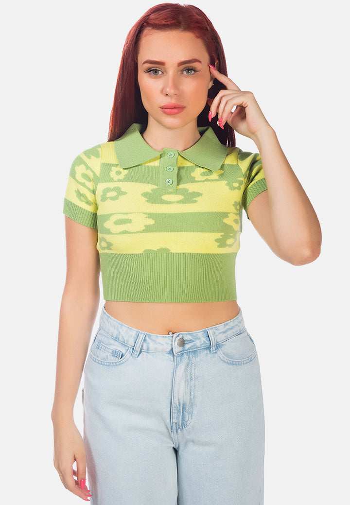 knitted floral striped crop polo tee#color_green