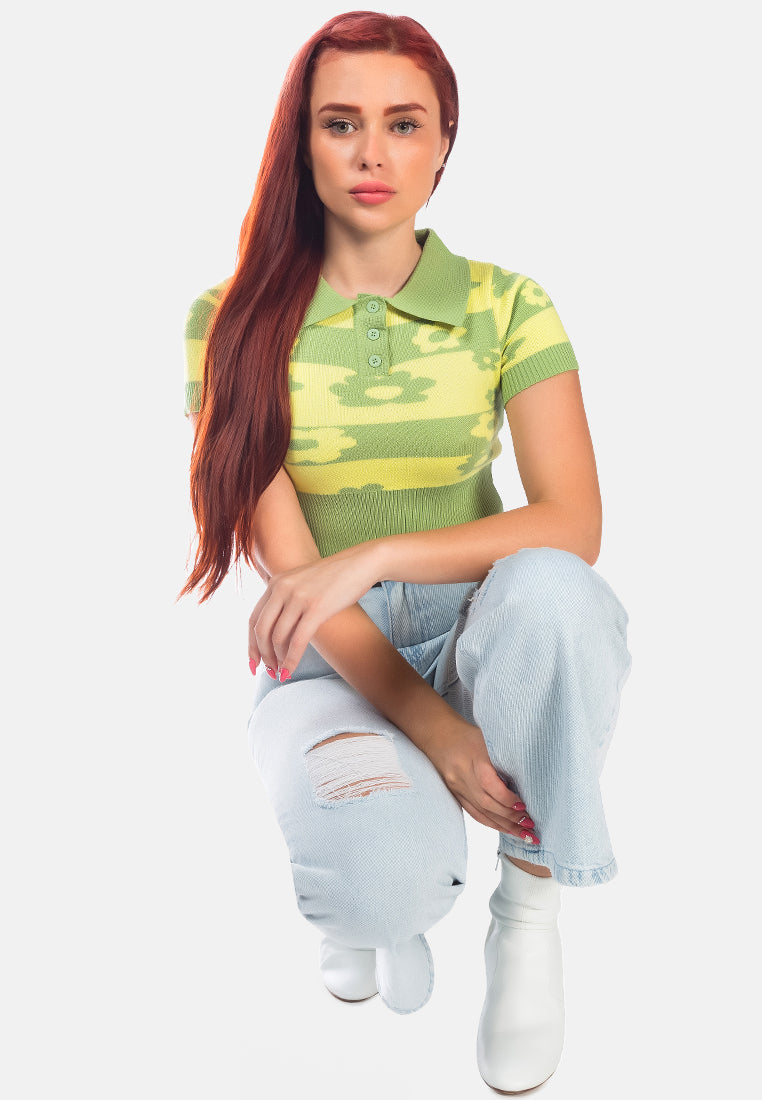 knitted floral striped crop polo tee#color_green