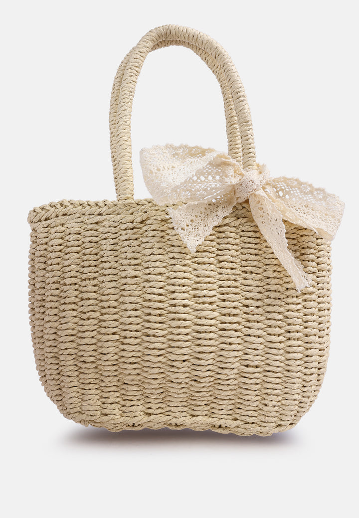 lace ribbon woven handbag#color_beige