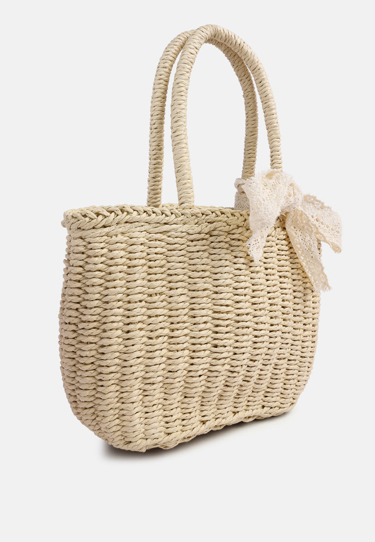 lace ribbon woven handbag#color_beige